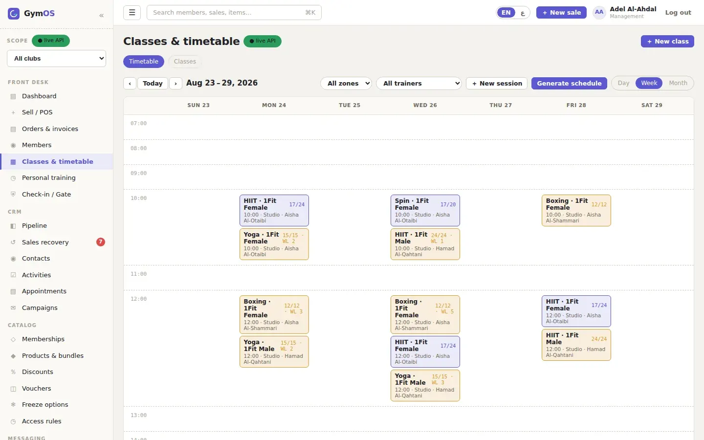 classes & timetable — the week