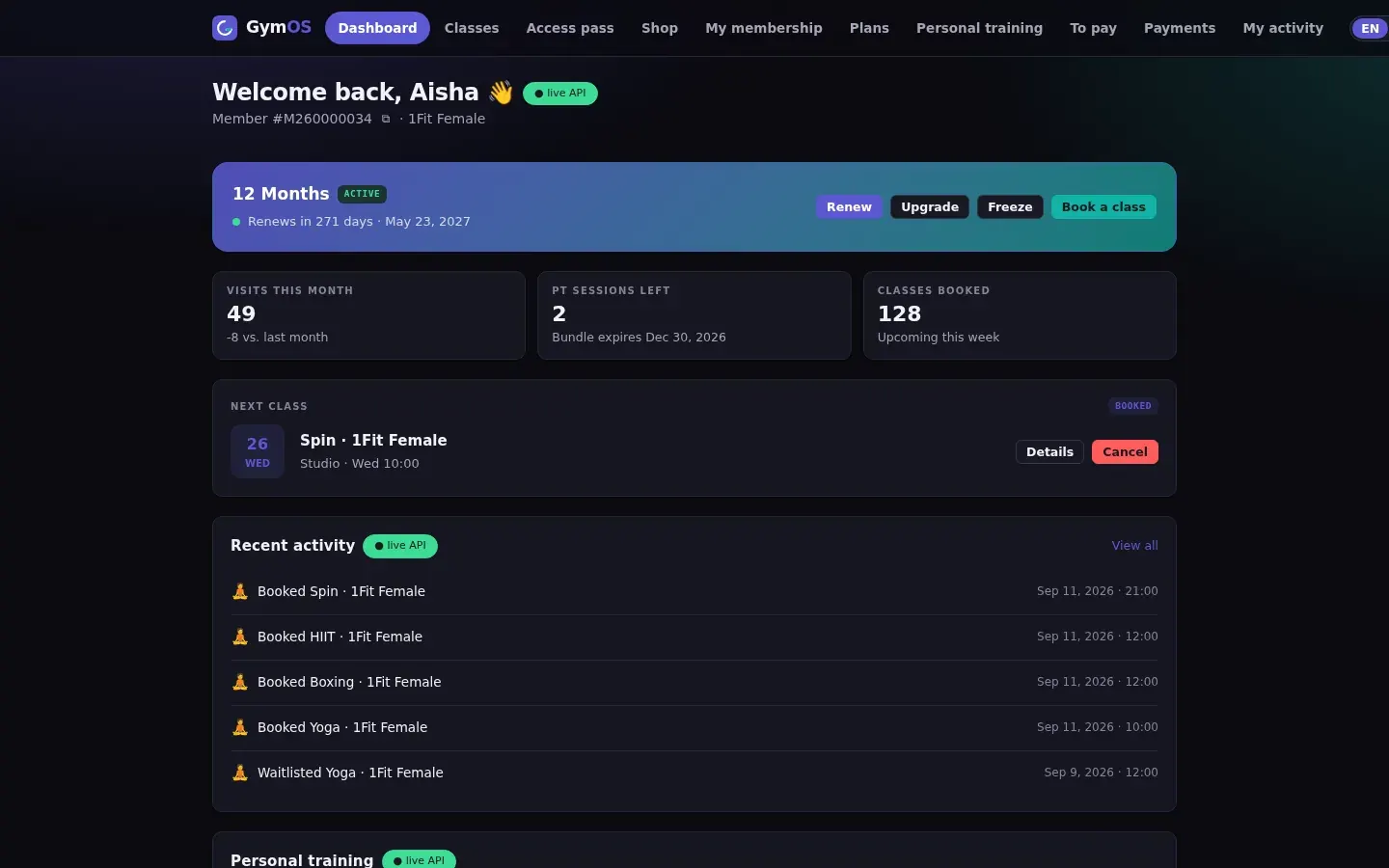 member portal — a member's dashboard